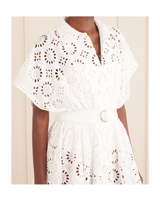 Norma Kamali White Broderie-Anglaise Belted Dress