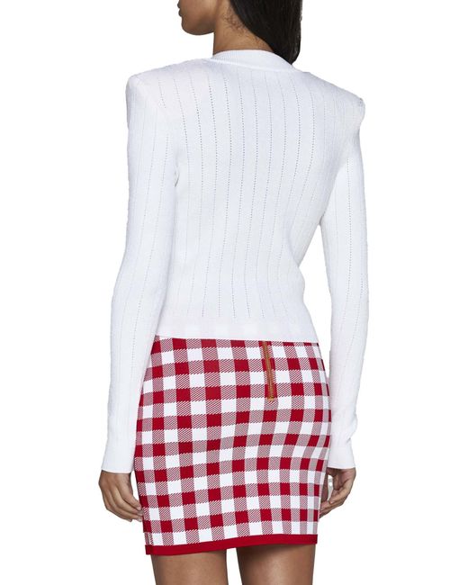 Balmain White Button Embellished Ribbed Knit Cardigan