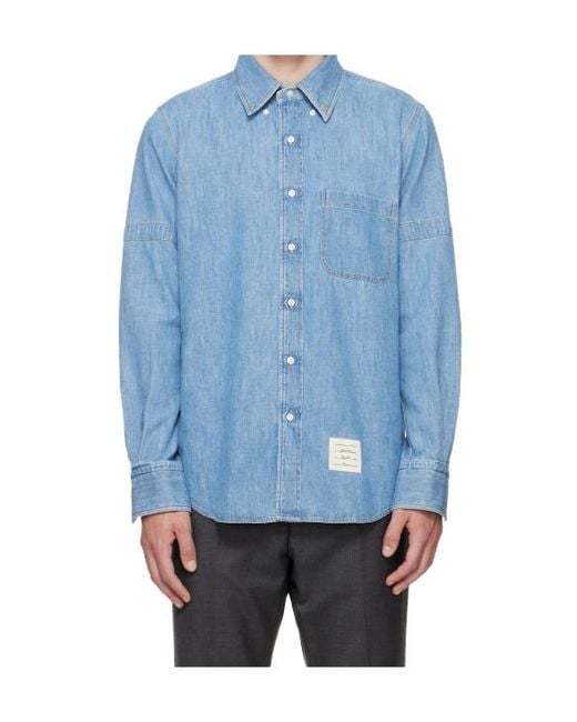 Thom Browne Blue Logo Patch Denim Shirt for men