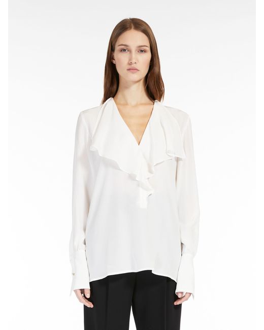 Max Mara White V-Neck Ruffled Long-Sleeved Top