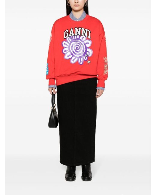 Ganni Red Floral Printed Crewneck Sweatshirt