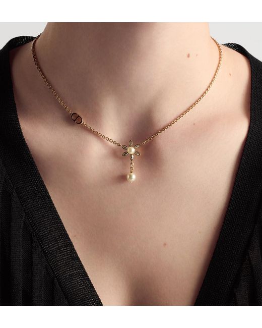 Dior White Embellished Logo Plaque Necklace