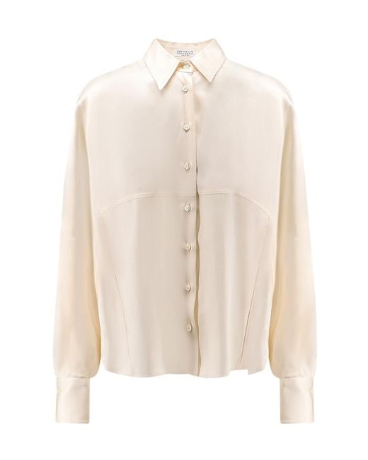 Brunello Cucinelli White Balloon-Sleeve Silk Shirt