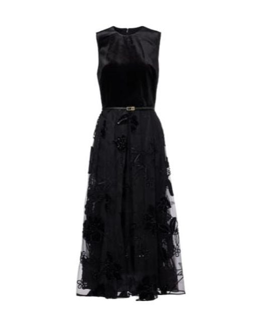 Elie Saab Black Embroidered Tulle And Velvet Midi Dress
