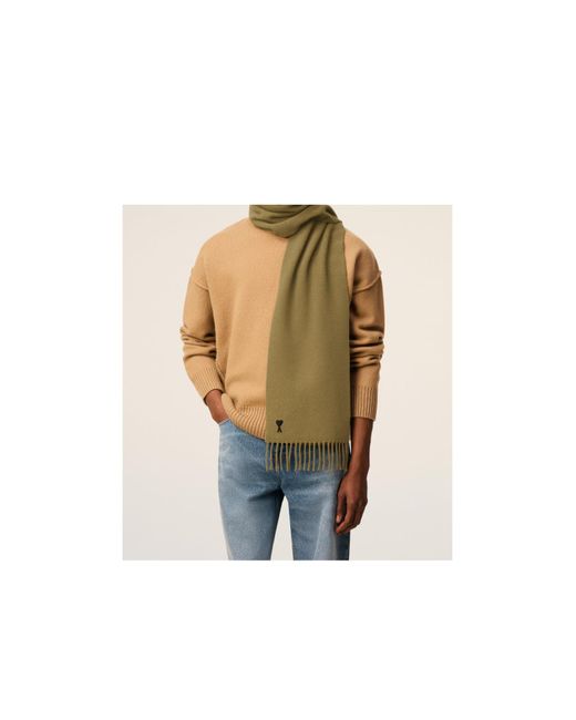 AMI Green Logo Detailed Fringed Edge Scarf for men