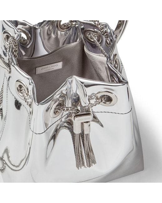 Jimmy Choo White Bon Bon Metallic Drawstring Mini Bucket Bag