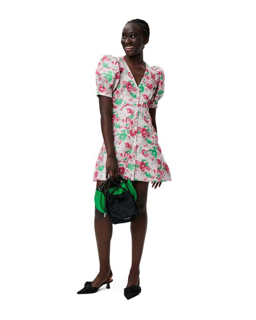 Ganni Pink Floral Printed V-Neck Mini Dress
