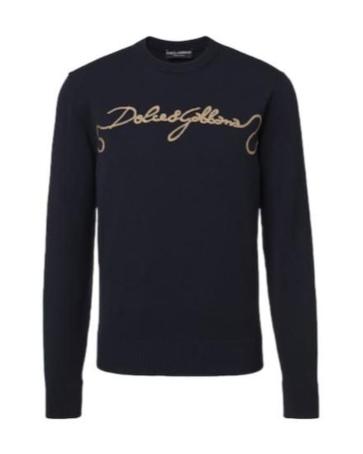 Dolce & Gabbana Blue Embroidered Virgin Wool Sweater for men