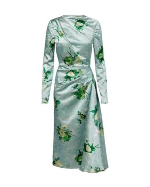 Erdem Green Draped Floral Satin Midi Dress