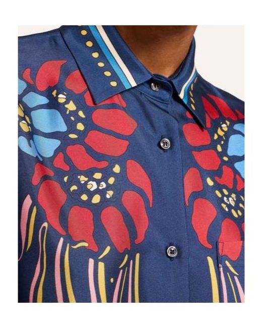 LaDoubleJ Blue Lemuria Placée Floral-Print Button-Down Silk Shirt