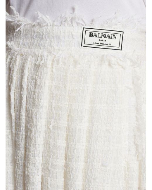 Balmain White Logo Patch Pleated Tweed Mini Skirt