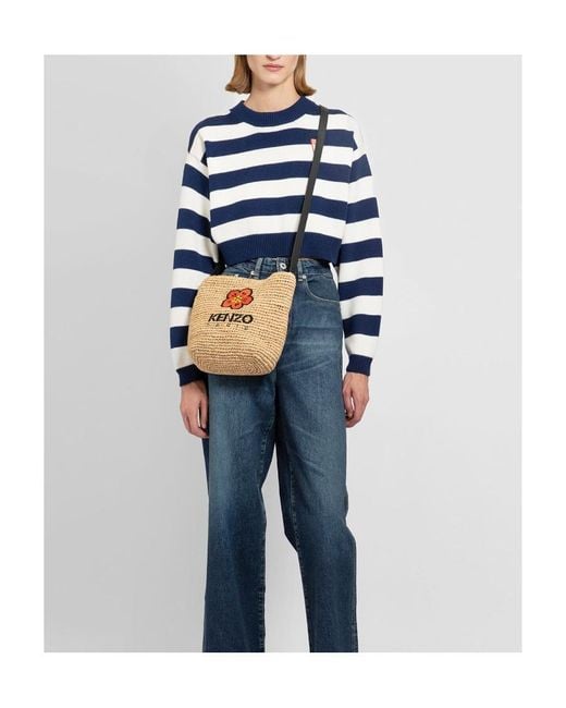 KENZO Blue Logo-Patch Crewneck Striped Cropped Jumper