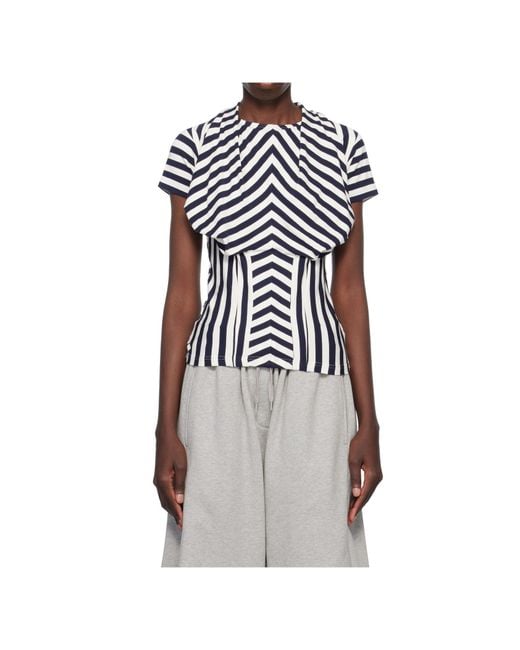 Pushbutton White Striped Pleated T-Shirt