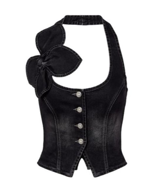 Area Black Bow-Detail Denim Top