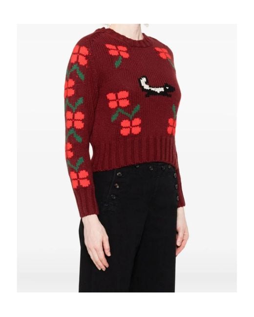 Bode Red Skunk-Jacquard Crew-Neck Jumper