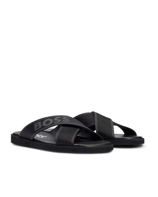 Boss Black Logo-Print Leather Slides for men
