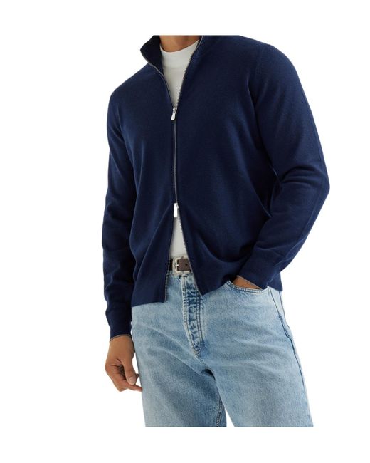 Brunello Cucinelli Blue Long-Sleeved Cashmere Cardigan for men
