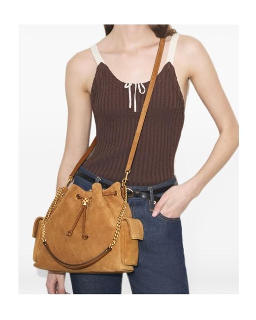 Tory Burch Brown Charlie Quilted Bucket Bag