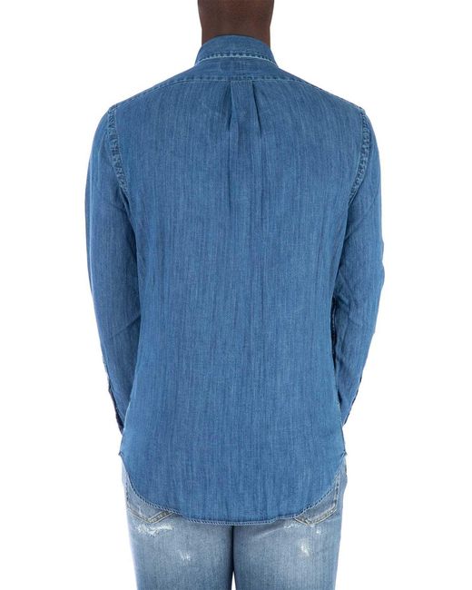 Ralph Lauren Blue Polo Logo Embroidered Denim Shirt for men