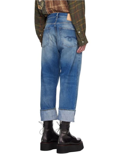 R13 Blue Cuffed X-Boyfriend Distressed Mid-Rise Wide-Leg Jeans