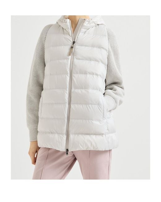 Brunello Cucinelli White Hooded Knit-Sleeve Jacket