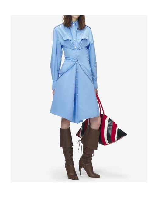 McQueen Blue Gathered Midi Shirt Dress