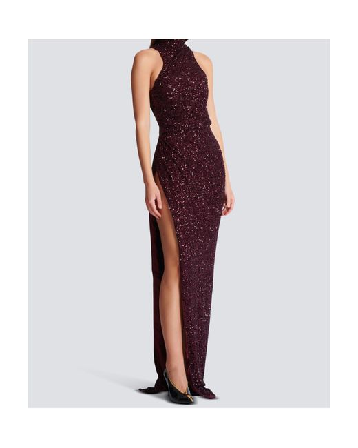 Balmain Purple High-Neck Sequin Embellished Dress