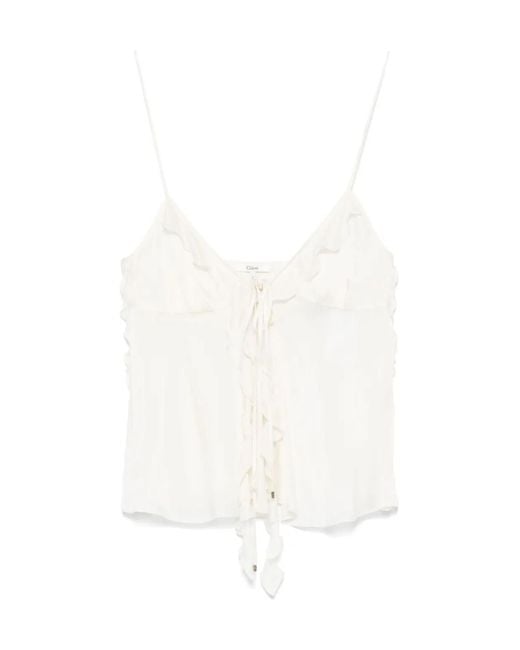 Chloé White Chloé Ruffled Spaghetti Strap Top