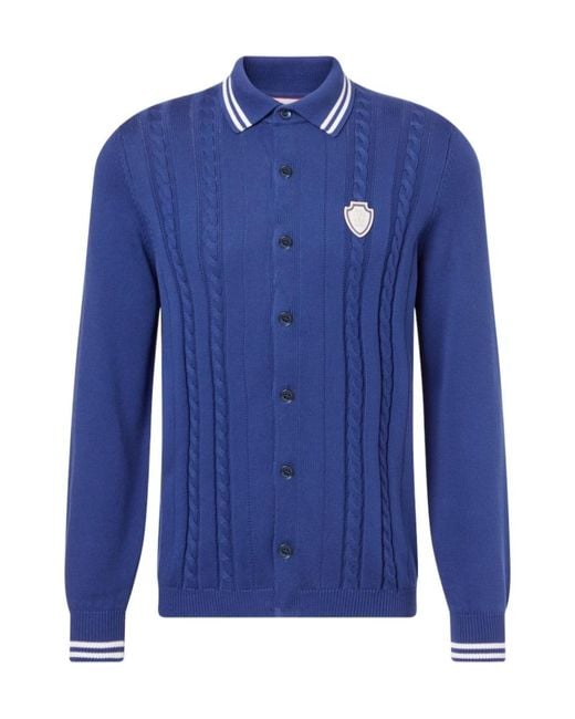 Brunello Cucinelli Blue Cable-Knit Embroidered Cotton Cardigan for men