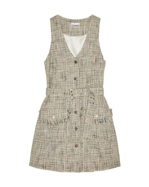 Ganni Gray Tweed Sleeveless Belted Dress