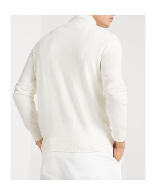 Brunello Cucinelli White Funnel-Neck Knitted Polo Shirt for men