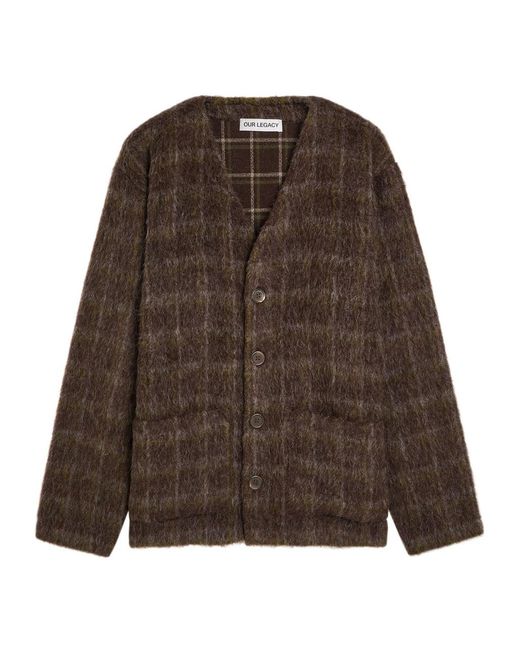 Our Legacy Brown Checked Brushed Wool-Blend Cardigan for men