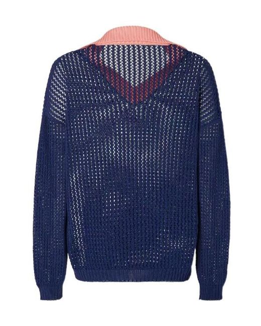 Fendi Blue Contrast V-Neck Ribbed-Knit Polo Top for men
