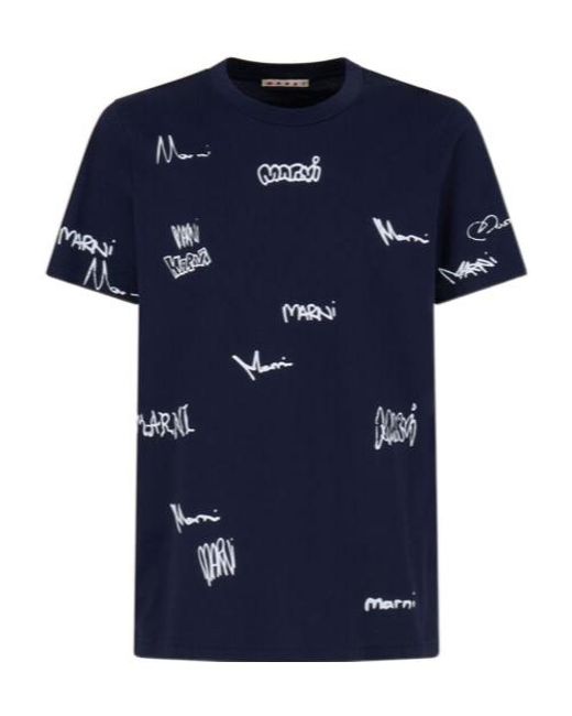 Marni Blue Multigram Printed T-Shirt for men