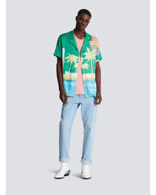 Balmain Blue Palm Printed Short-Sleeve Twill Shirt for men