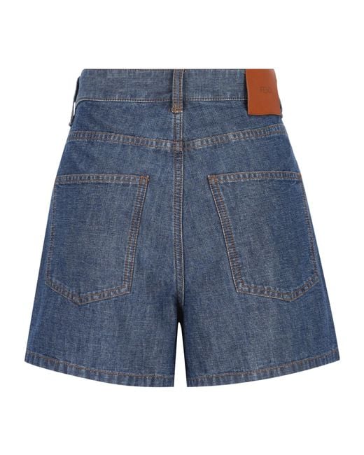 Fendi Blue Logo Patch Denim Shorts