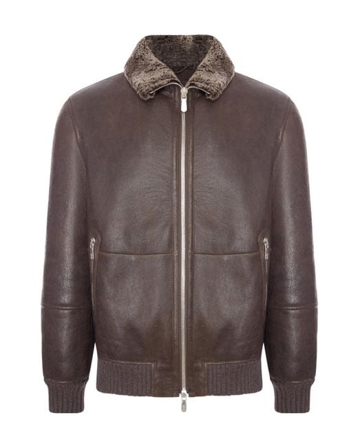 Brunello Cucinelli Brown Vintage-Effect Shearling Bomber Jacket for men