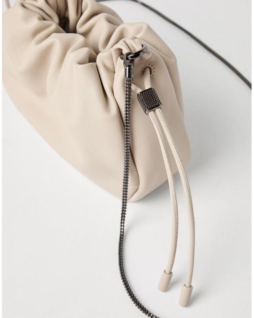 Brunello Cucinelli White Mellow Drawstring Small Bucket Bag