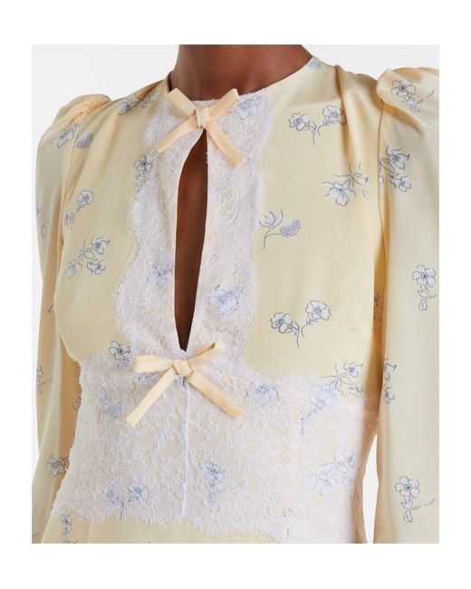 Alessandra Rich Natural Lace-Trimmed Floral Silk Midi Dress