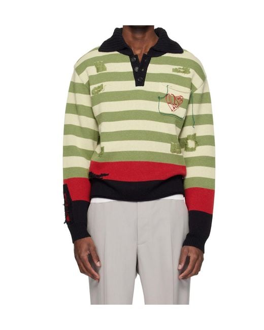 ANDERSSON BELL Green Striped Ripped Polo Shirt for men