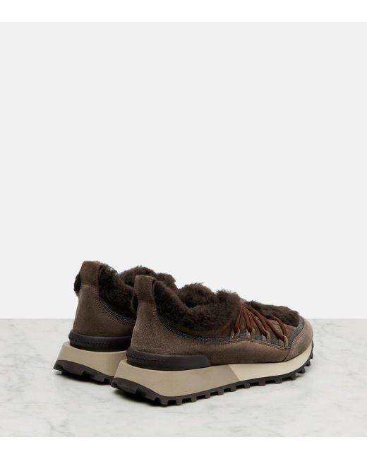 Brunello Cucinelli Brown Shearling-Lined Suede Low-Top Sneakers