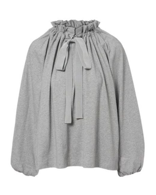 Patou Gray Bow-Detail Gathered Cotton Jersey Top