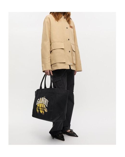 Ganni Black Xxl Banana Printed Tote Bag