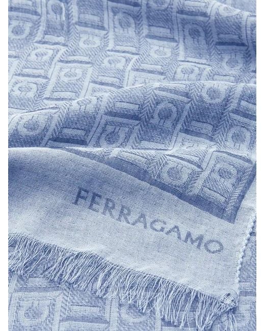 Ferragamo Blue Ferragamo Monogram Jacquard Fringed-Edge Scarf for men