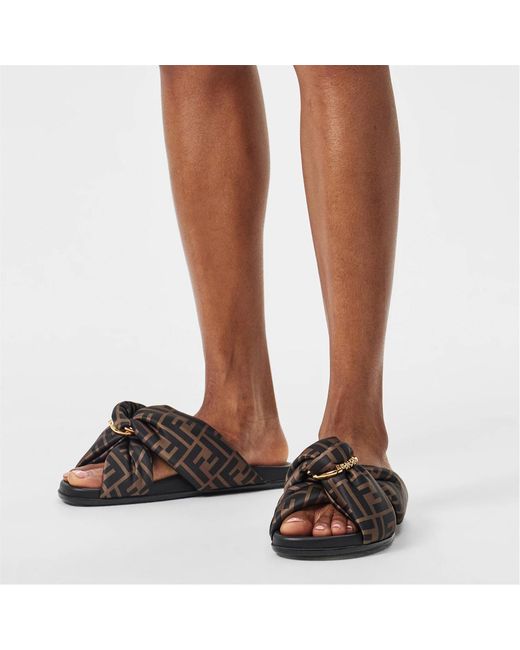 Fendi Brown Logo Satin Slippers