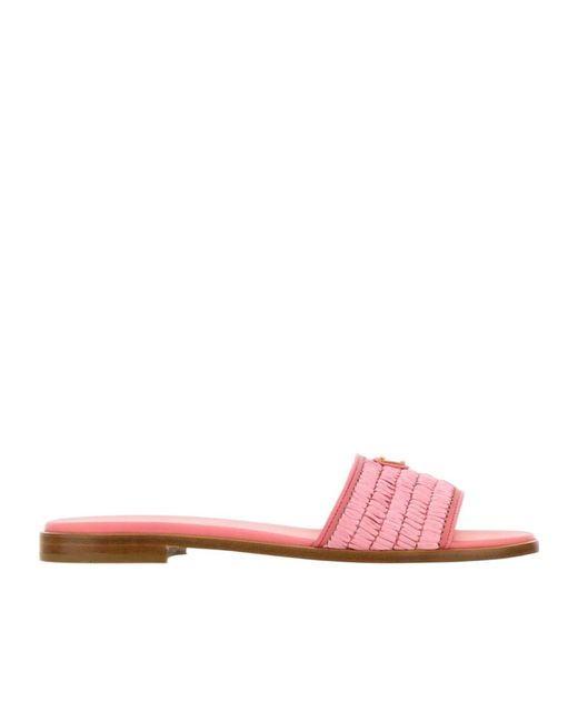 Prada Pink Triangle-Logo Woven Slip-On Sandals