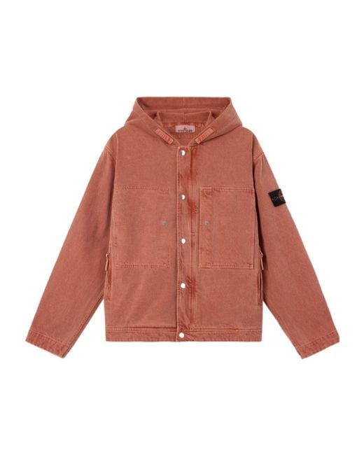 Stone Island Red Hooded Jacket With Multiple Pockets for men