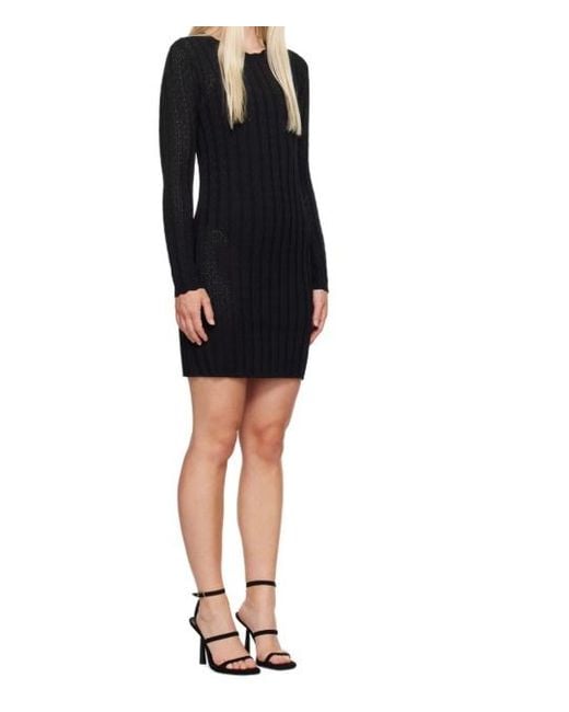 Loulou de Saison Black Elastic Ribbed Knitted Mesh Dress