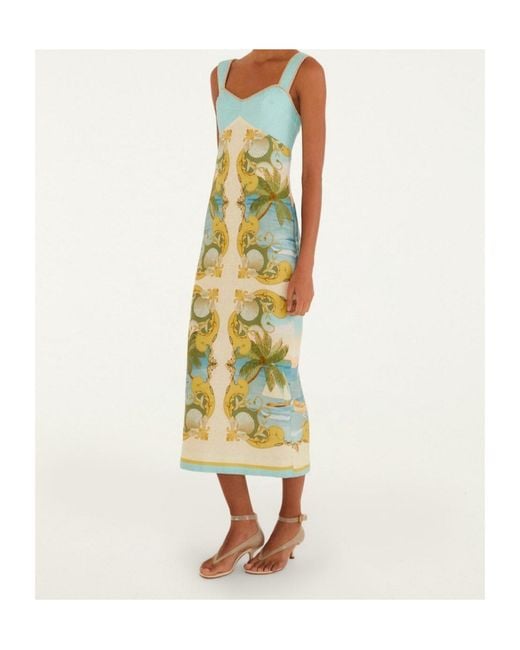 Farm Rio Metallic Royal Sea Tropical-Print Sleeveless Midi Dress