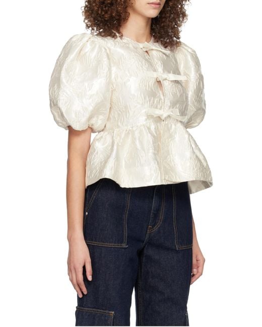 Ganni White Satin Peplum Tie Blouse